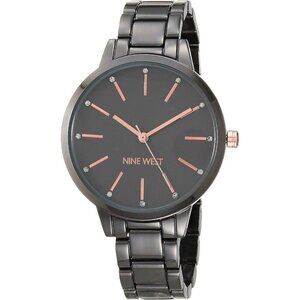 🔥Nine West Crystal Accented Bracelet Women Black Mineral Adjustable Clasp Watch